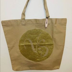 VS Embellished Canvas & Gold Beach Bag Tote NWT